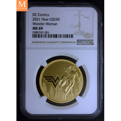 Niue 2021 WONDER WOMAN 1 OZ GULL mynt NGC MS69, KUN 150 mynter laget!