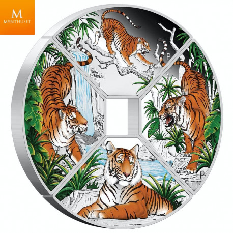 Tuvalu 2022 "YEAR OF THE TIGER" 4 x 1 DOLLAR SETT MED KVADRANTFORMEDE MYNTER I KVALIITET PROOF MED ESKE OG COA