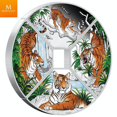 Tuvalu 2022 "YEAR OF THE TIGER" 4 x 1 DOLLAR SETT MED KVADRANTFORMEDE MYNTER I KVALIITET PROOF MED ESKE OG COA