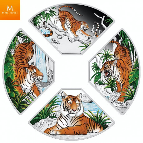 Tuvalu 2022 "YEAR OF THE TIGER" 4 x 1 DOLLAR SETT MED KVADRANTFORMEDE MYNTER I KVALIITET PROOF MED ESKE OG COA