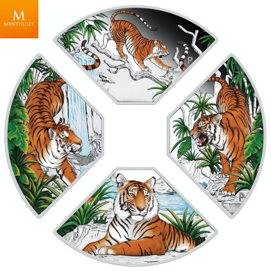 Tuvalu 2022 "YEAR OF THE TIGER" 4 x 1 DOLLAR SETT MED KVADRANTFORMEDE MYNTER I KVALIITET PROOF MED ESKE OG COA