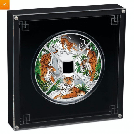 Tuvalu 2022 "YEAR OF THE TIGER" 4 x 1 DOLLAR SETT MED KVADRANTFORMEDE MYNTER I KVALIITET PROOF MED ESKE OG COA