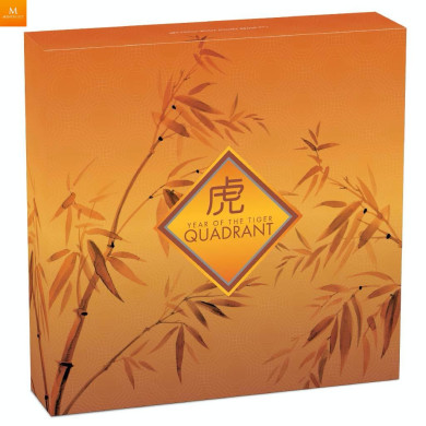 Tuvalu 2022 "YEAR OF THE TIGER" 4 x 1 DOLLAR SETT MED KVADRANTFORMEDE MYNTER I KVALIITET PROOF MED ESKE OG COA