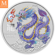 NYHET PÅ LAGER! Australia 2024 LUNAR LILAC DRAGON 1 OZ SØLV PERTH MINT 125TH ANNIVERSARY