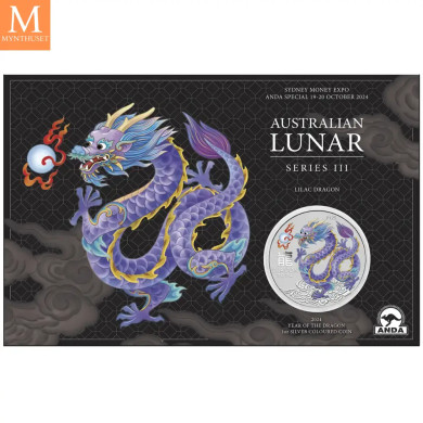 NYHET PÅ LAGER! Australia 2024 LUNAR LILAC DRAGON 1 OZ SØLV PERTH MINT 125TH ANNIVERSARY