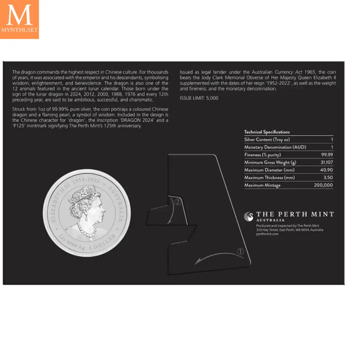 NYHET PÅ LAGER! Australia 2024 LUNAR LILAC DRAGON 1 OZ SØLV PERTH MINT 125TH ANNIVERSARY