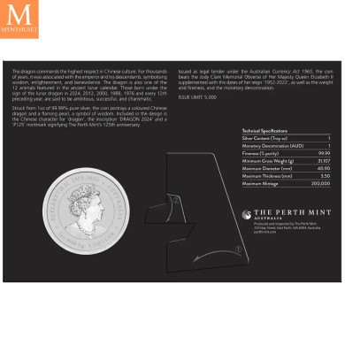 NYHET PÅ LAGER! Australia 2024 LUNAR LILAC DRAGON 1 OZ SØLV PERTH MINT 125TH ANNIVERSARY
