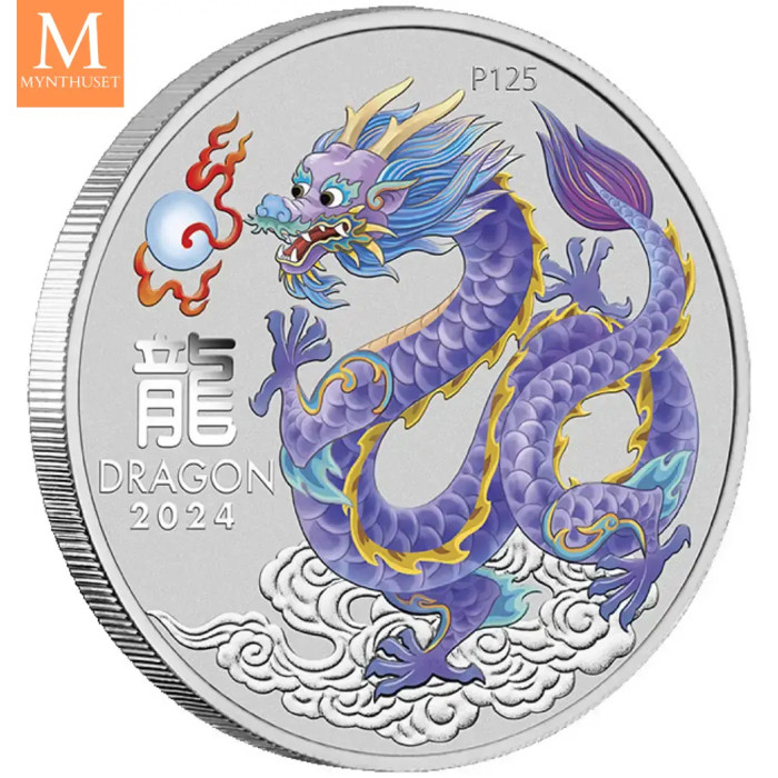 NYHET PÅ LAGER! Australia 2024 LUNAR LILAC DRAGON 1 OZ SØLV PERTH MINT 125TH ANNIVERSARY