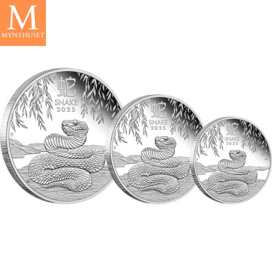NYHET! Australia 2025 3,5 oz Sølv Lunar Serie 3 Year of the SNAKE Proof Three-Coin Set M/Etui & COA