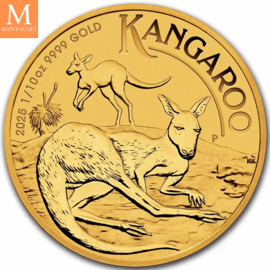 NYHET på lager! Australia 2025 1/10 oz Gull Kangaroo BU M/Kapsel