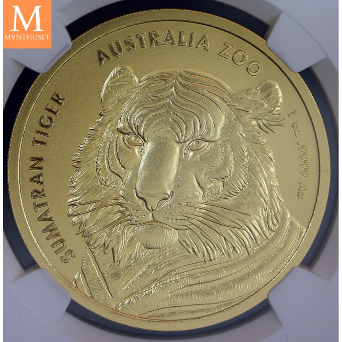SJELDEN! Australia 2020 1 oz Gull mynt Australia Zoo Sumatran Tiger NGC MS70