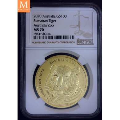 SJELDEN! Australia 2020 1 oz Gull mynt Australia Zoo Sumatran Tiger NGC MS70