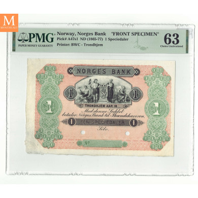 1 Speciedaler 1865-76 Specimen prøveseddel uten år Kvalitet 0/01