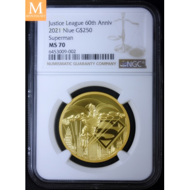 Sjelden! Niue 2021 SUPERMANN GULL 250  DOLLAR 1 OZ i kvalitet BU NGC MS70