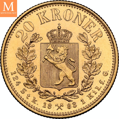 Norges desidert sjeldneste krone/øre mynt 20 kroner 1883 kvalitet 0/01, NGC MS63+ Norges desidert sjeldneste krone/øre mynt 20 kroner 1883 kvalitet 0/01, NGC MS63+