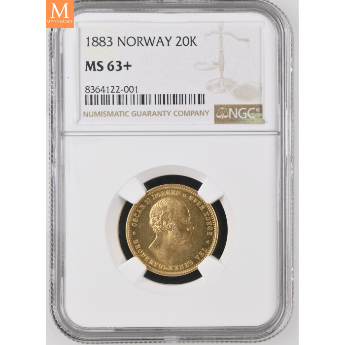 Norges desidert sjeldneste krone/øre mynt 20 kroner 1883 kvalitet 0/01, NGC MS63+