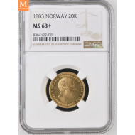 Norges desidert sjeldneste krone/øre mynt 20 kroner 1883 kvalitet 0/01, NGC MS63+