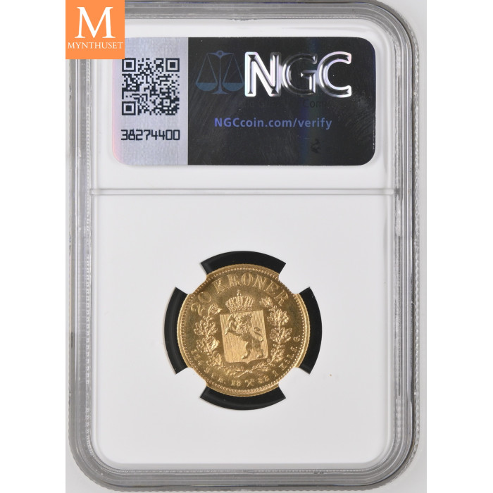 Norges desidert sjeldneste krone/øre mynt 20 kroner 1883 kvalitet 0/01, NGC MS63+