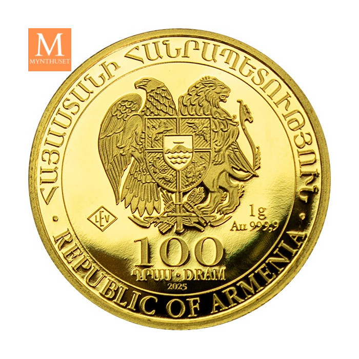 NYHET! Råstilig! Armenia 100 Dram Noahs Ark 2025 1 gram fint gull i forseglet kapsel med unikt nummer