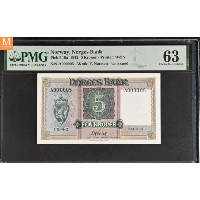 5 kroner 1942 London A.000005 Svært sjelden kvalitet 0/01 NGC MS63 5 kroner 1942 London A.000005 Svært sjelden kvalitet 0/01 NGC MS63