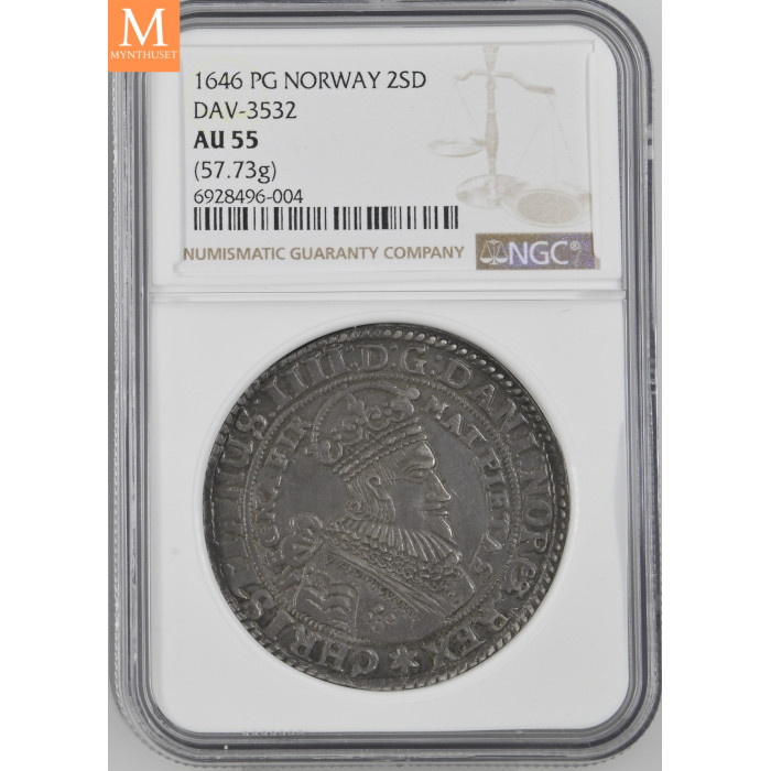 Christian IV (1588-1648) 2 speciedaler 1646 kvalitet 1+/01, NGC AU55
