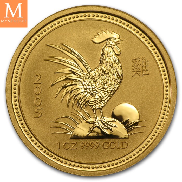 2005 Australia 1 oz Gull Lunar Series 1 Year of the Rooster kvalitet BU i kapsel