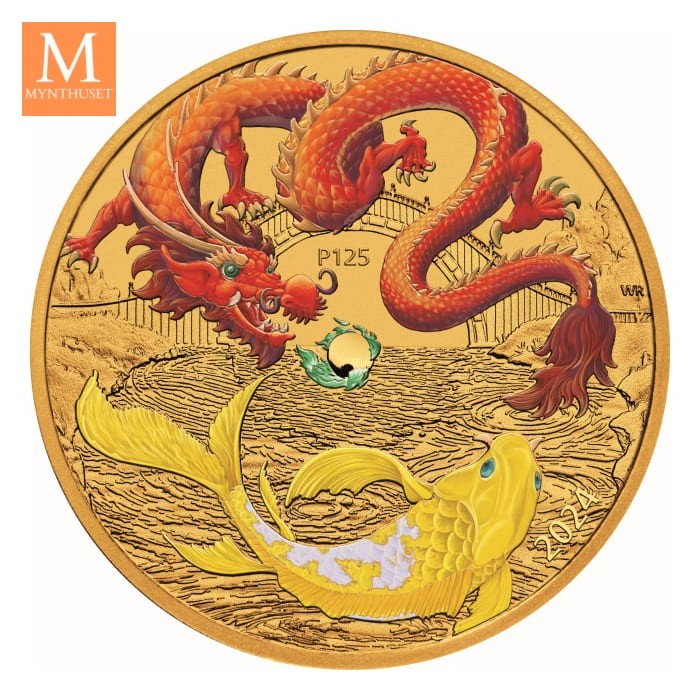 2024 1oz Gull Australia Chinese Myths and Legends Red Dragon And Koi Coloured BU Coin