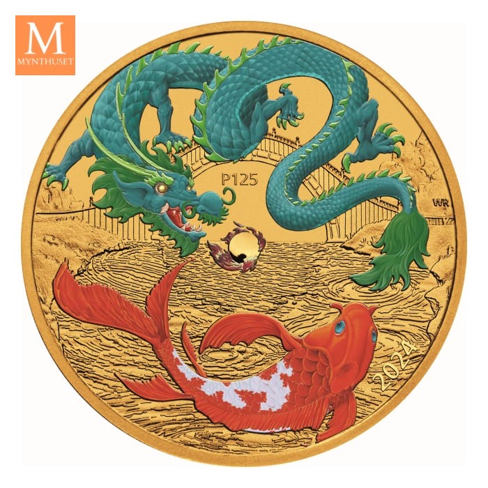 2024 1oz Gull Australia Chinese Myths and Legends Green Dragon And Koi Coloured BU Coin