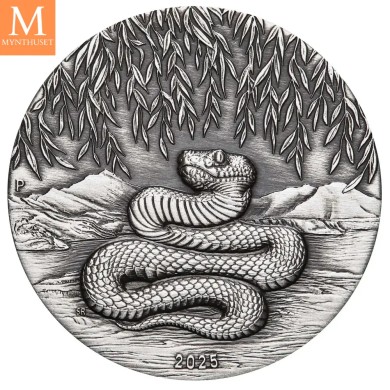 2025 Australia 2 oz Sølv Lunar S3 Year of the Snake Antiqued med skrin og enkhetsbevis
