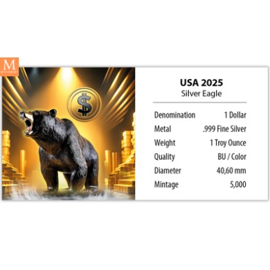USA 2025 1 oz Sølv American Silver Eagle BEAR BU BEAR FARGE M/KAPSEL