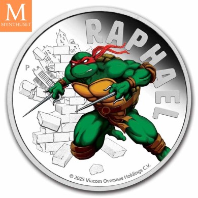 NYHET! 2025 Tuvalu TEENAGE MUTANT NINJA TURTLES RAPHAEL 1 OZ SØLV PROOF MED FARGE