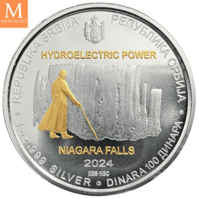 NYHET! Serbia 2024 1 oz Sølv Gilded 100 Dinar Tesla HYDROELECTRIC POWER BU i Kapsel