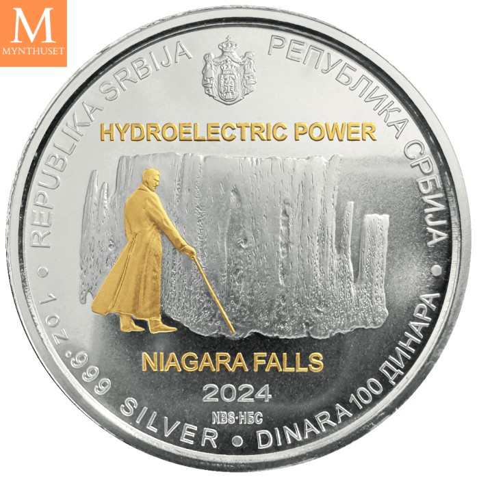NYHET! Serbia 2024 1 oz Sølv Gilded 100 Dinar Tesla HYDROELECTRIC POWER BU i Kapsel