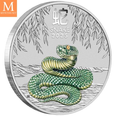 2025 1 oz Sølv Lunar S3 Year of the Snake Melbourne Coin Show Special Farge BU i Blistercard