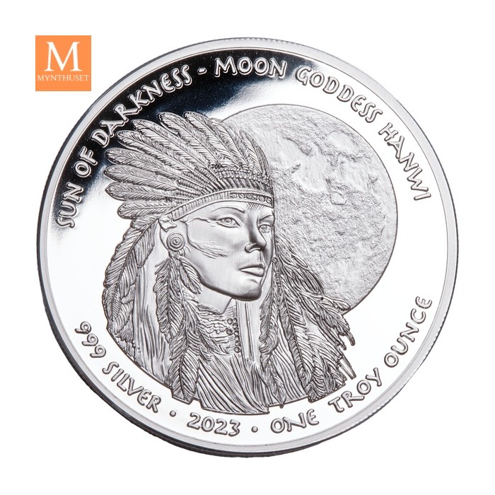 RÅ LEKKER! 2023 USA 1 Dollar Oglala Lakota Sioux 1 oz SØLV Moon Goddess Proof i kapsel
