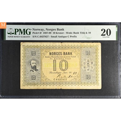 10 kroner 1899 Oscar II C.6437827 Rohde kvalitet 1- rift, PMG VF20 splits 10 kroner 1899 Oscar II C.6437827 Rohde kvalitet 1- rift, PMG VF20 splits