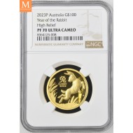 SJELDEN! Australia 2023 YEAR OF THE RABBIT 1 OZ  GULL LUNAR SERIE 3 KVALITET PROOF HIGH RELIEF NGC PF70