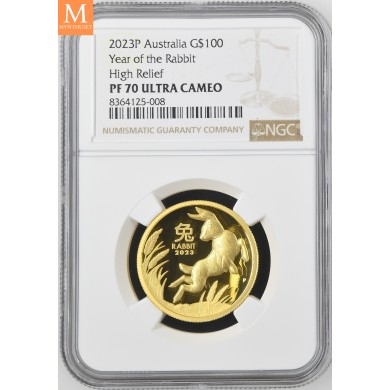 SJELDEN! Australia 2023 YEAR OF THE RABBIT 1 OZ  GULL LUNAR SERIE 3 KVALITET PROOF HIGH RELIEF NGC PF70