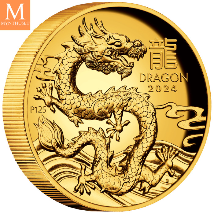 SJELDEN! Australia 2024 YEAR OF THE DRAGON 1 OZ  GULL LUNAR SERIE 3 KVALITET PROOF HIGH RELIEF NGC PF70
