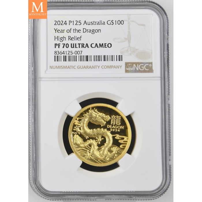 SJELDEN! Australia 2024 YEAR OF THE DRAGON 1 OZ  GULL LUNAR SERIE 3 KVALITET PROOF HIGH RELIEF NGC PF70