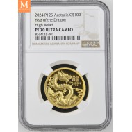 SJELDEN! Australia 2024 YEAR OF THE DRAGON 1 OZ  GULL LUNAR SERIE 3 KVALITET PROOF HIGH RELIEF NGC PF70