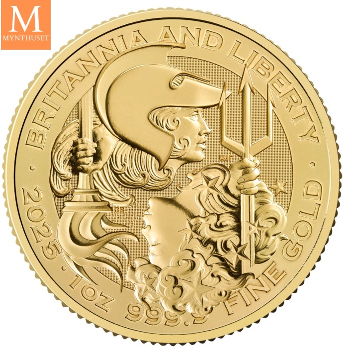 NYHET På lager! 2025 Storbritannia 1 oz Gull Britannia and Liberty BU M/kapsel