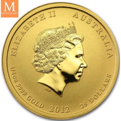 2012 Australia 1/4 oz Gull Lunar S2 Year of the Dragon Kvalitet BU i Kapsel