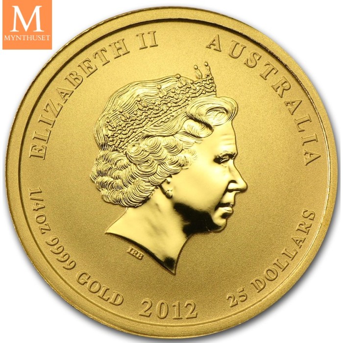 2012 Australia 1/4 oz Gull Lunar S2 Year of the Dragon Kvalitet BU i Kapsel