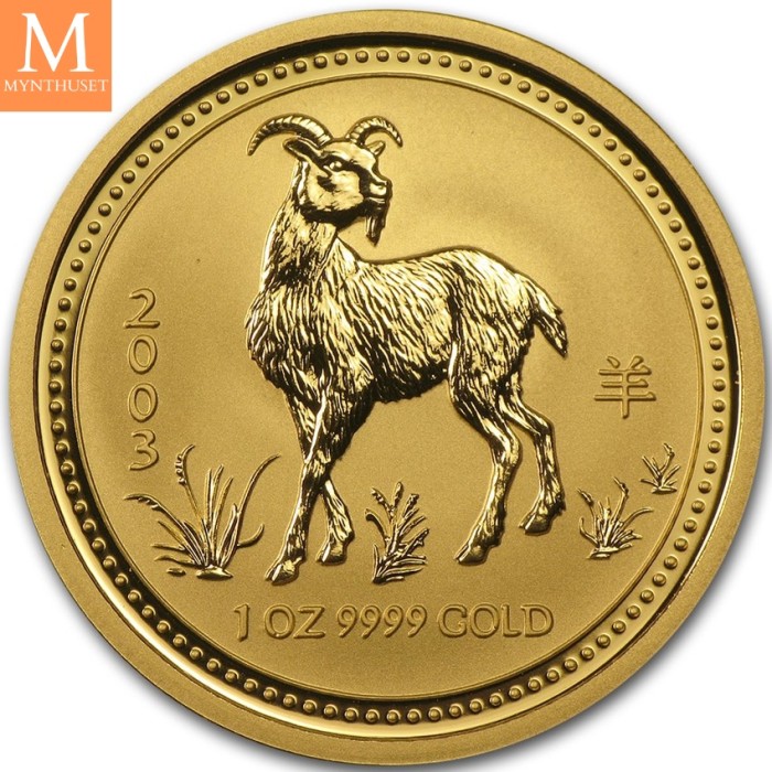Attraktiv! 2003 Australia 1 oz Gull Lunar Series 1 Year of the Goat kvalitet BU i kapsel