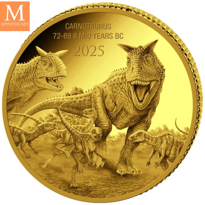 NYHET! KONGO 2025 Carnotaurus 0,5 GRAM GULL PREHISTORIC LIFE II PROOF I KAPSEL