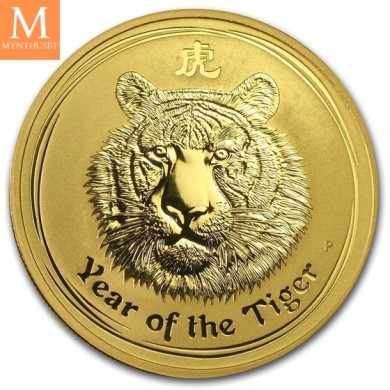 Australia 2010 1 oz Gull Lunar S2 Year of the Tiger kvalitet BU i kapsel