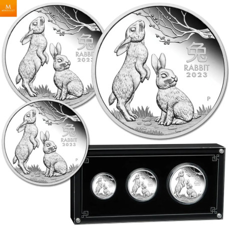 Australia 2023 3,5 oz Sølv Lunar Serie 3 Year of the Rabbit Proof Three-Coin Set M/Etui & COA