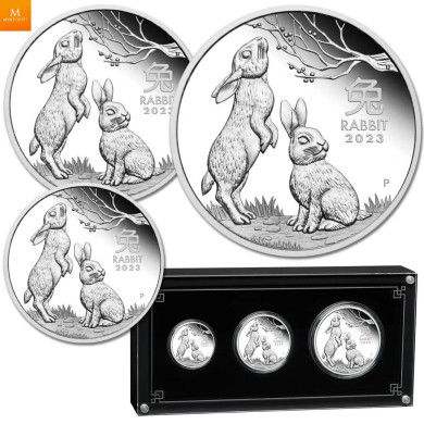 Australia 2023 3,5 oz Sølv Lunar Serie 3 Year of the Rabbit Proof Three-Coin Set M/Etui & COA