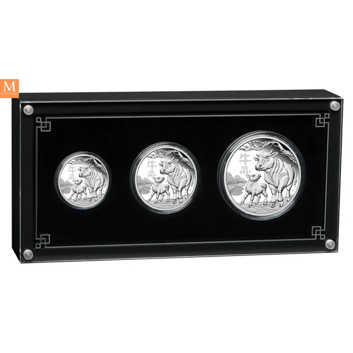 Australia 2021 3,5 oz Sølv Lunar Serie 3 Year of the Ox Proof Three-Coin Set M/Etui & COA